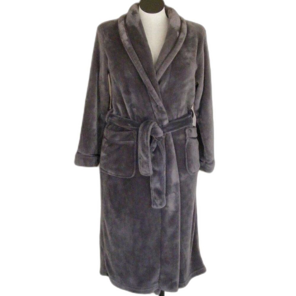 CAROLE HOCHMAN Robe, S, Plush Gray, Pockets, Sash Belt, long sleeves, Ties
